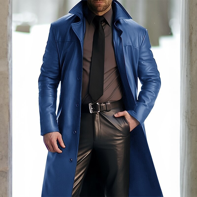 Men’s Blue Long Faux-Leather Coat