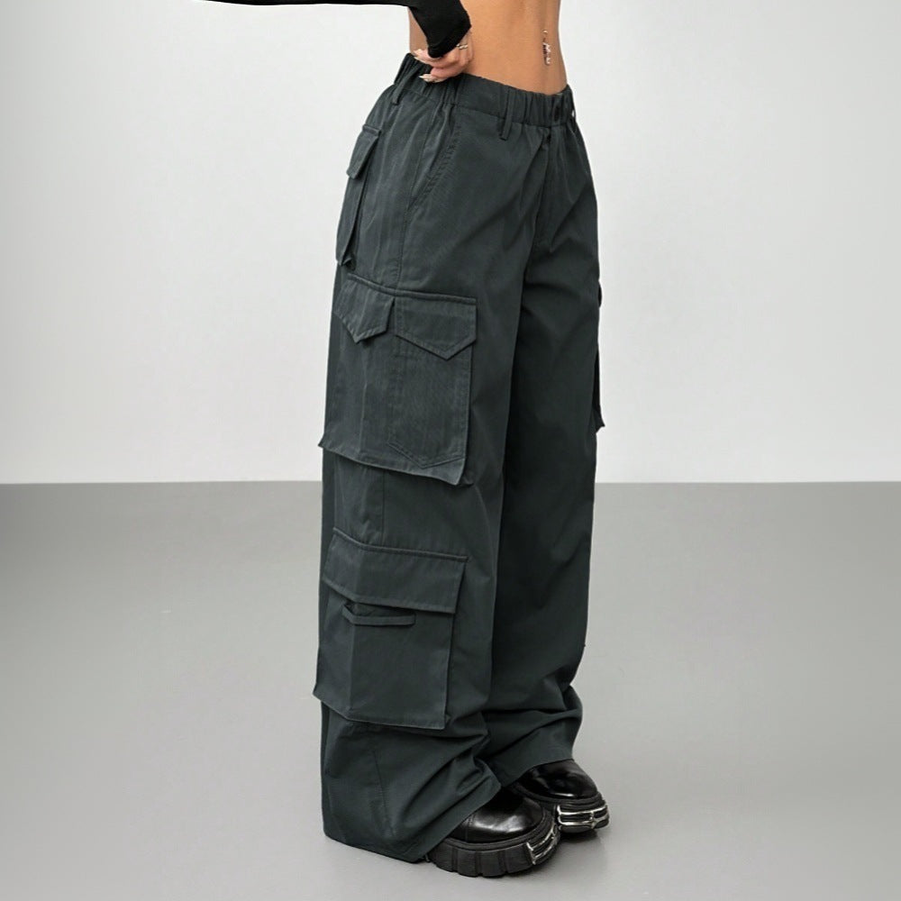 Casual Pants Elastic Waist High Waist Wide-leg Workwear Trousers