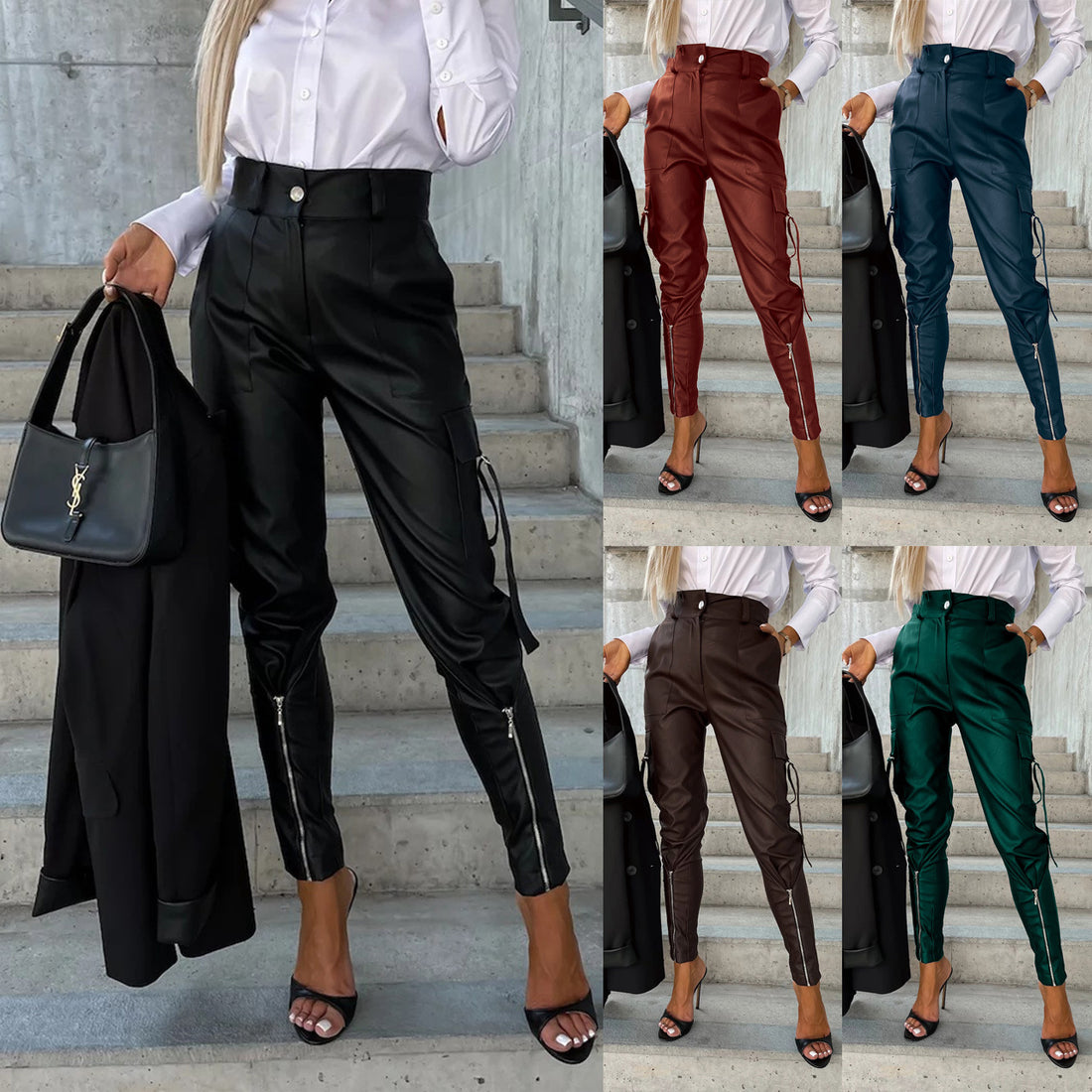 Fashion Slim-fitting PU Leather Trousers Women Waist-cinching Zipper Design Pants With Pockets