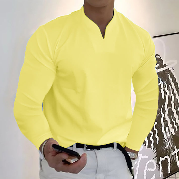 Male Fashion Casual Solid Color V-neck Long Sleeve Shirts
