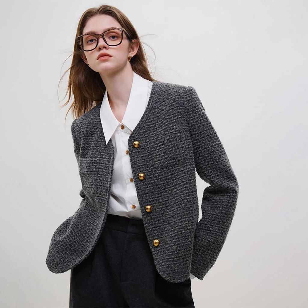 Women's V-Neck Tweed-Style Jacket