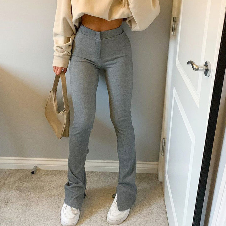 Pure color high waist skinny split casual pants women