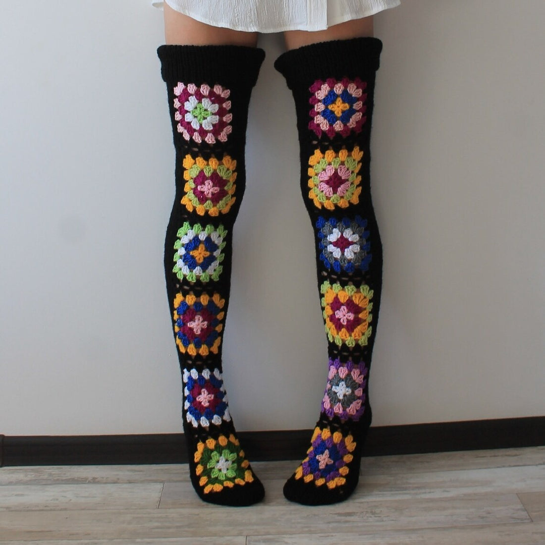 Floral Crochet-Style Thigh-High Socks