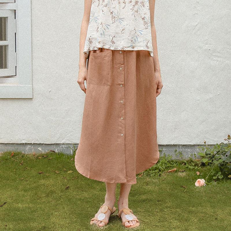 Cotton-Linen Button-Front Midi Skirt