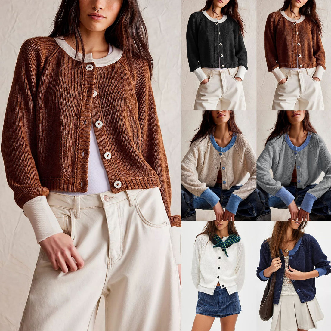 Women's Contrast Color Round Neck Knitwear Single Row Button Coat