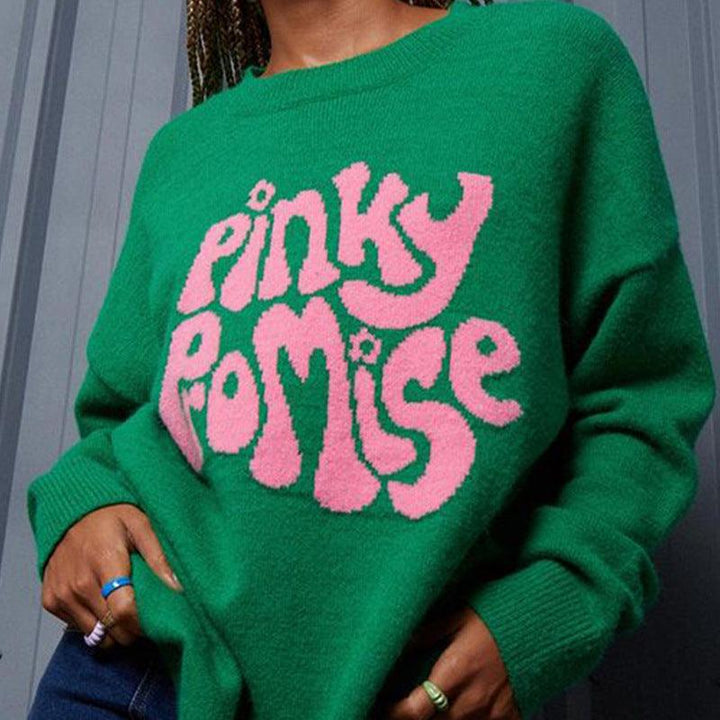 New Round Neck Long Sleeve Letter Pattern Jacquard Knitted Sweater Pullover - Trendha
