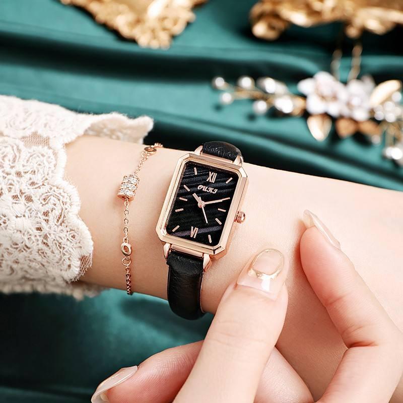 Elegant Rectangular Dial Women's Watch with Leather Strap