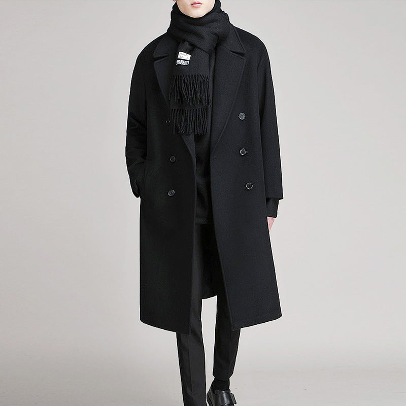 Men's Black Double-Breasted Polyester Coat