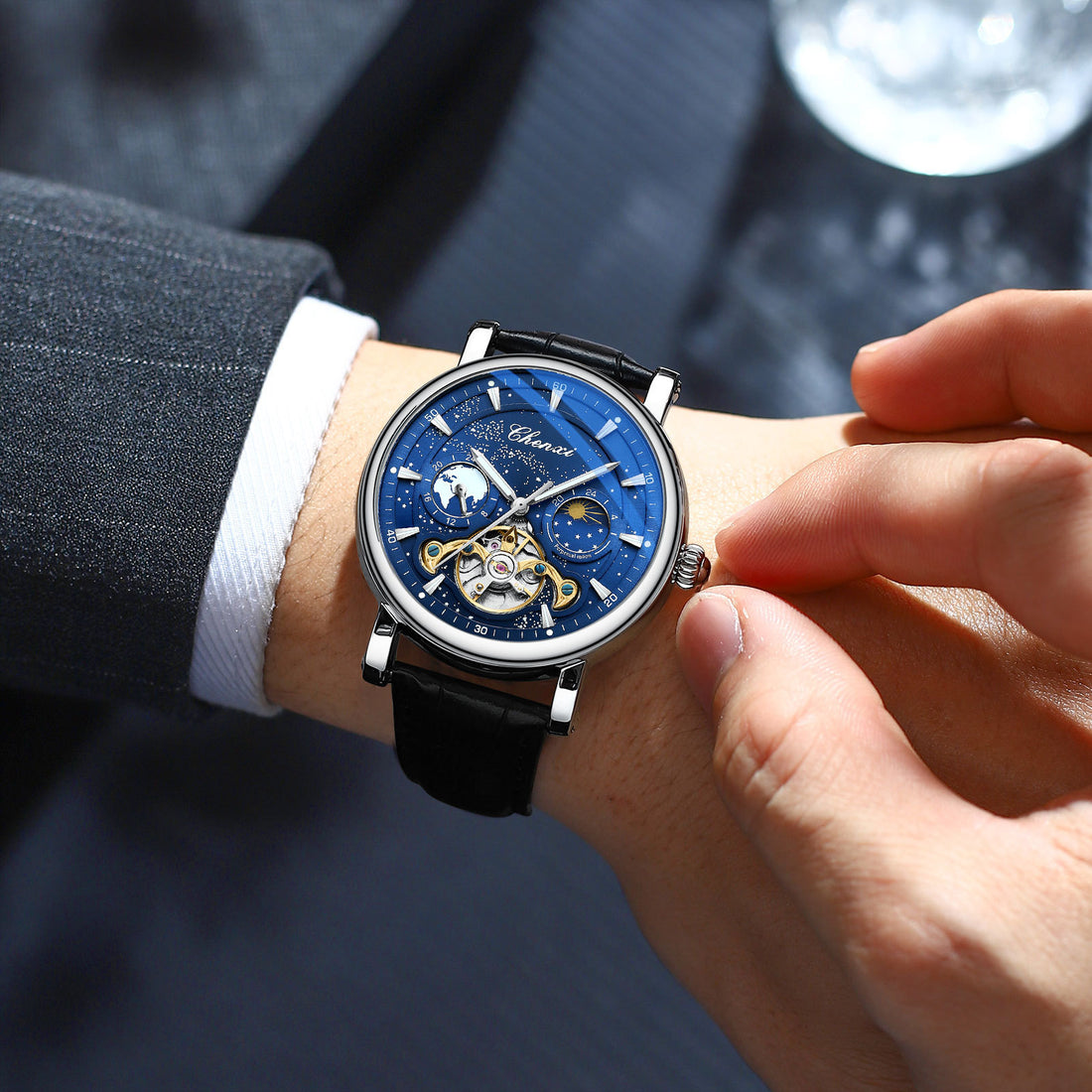 Moon Phase Skeleton Automatic Watch with Luminous Hands