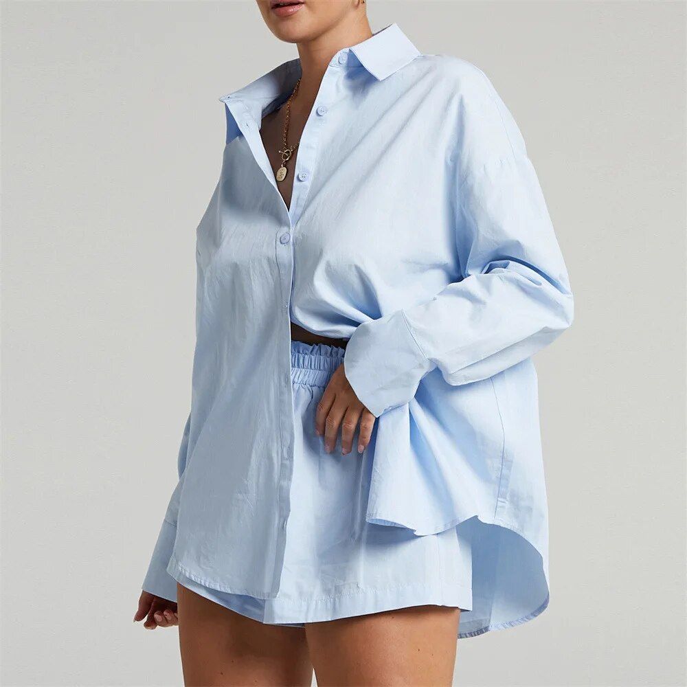 High Waist Cotton-Blend Shirt and Shorts Set