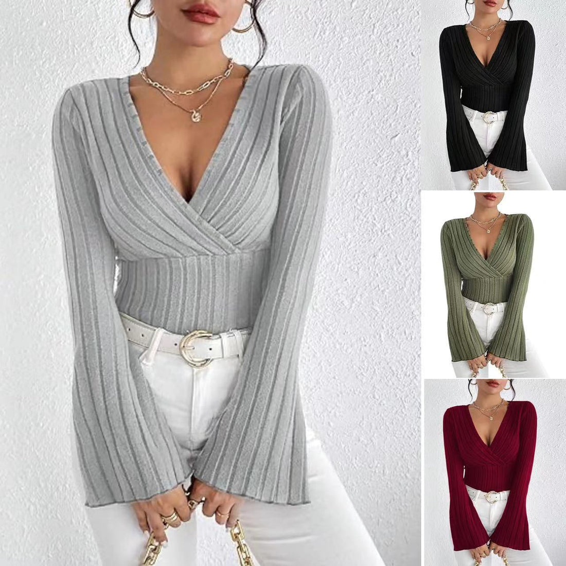 Women's Autumn And Winter Rib Sunken Stripe V-neck Slim-fit Long Sleeve T-shirt Women's Top