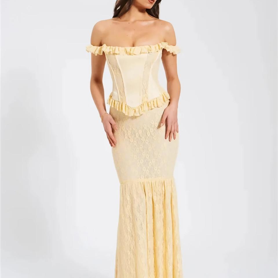 Satin Off-Shoulder Lace Corset Maxi Dress – Elegant Bodycon Gown for Party