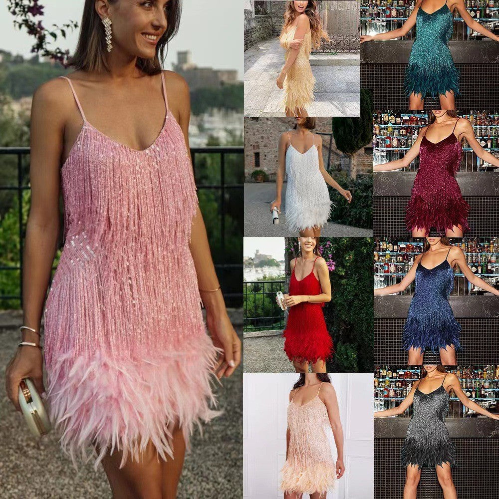 Women's Sequin Tassel V-Neck Mini Dress