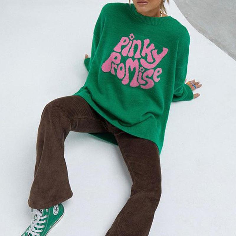 New Round Neck Long Sleeve Letter Pattern Jacquard Knitted Sweater Pullover - Trendha