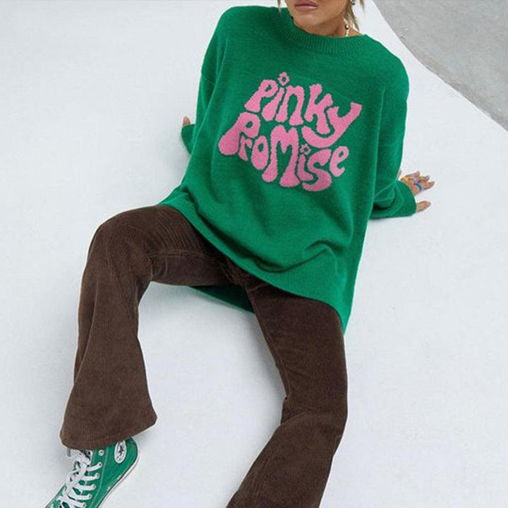 New Round Neck Long Sleeve Letter Pattern Jacquard Knitted Sweater Pullover - Trendha