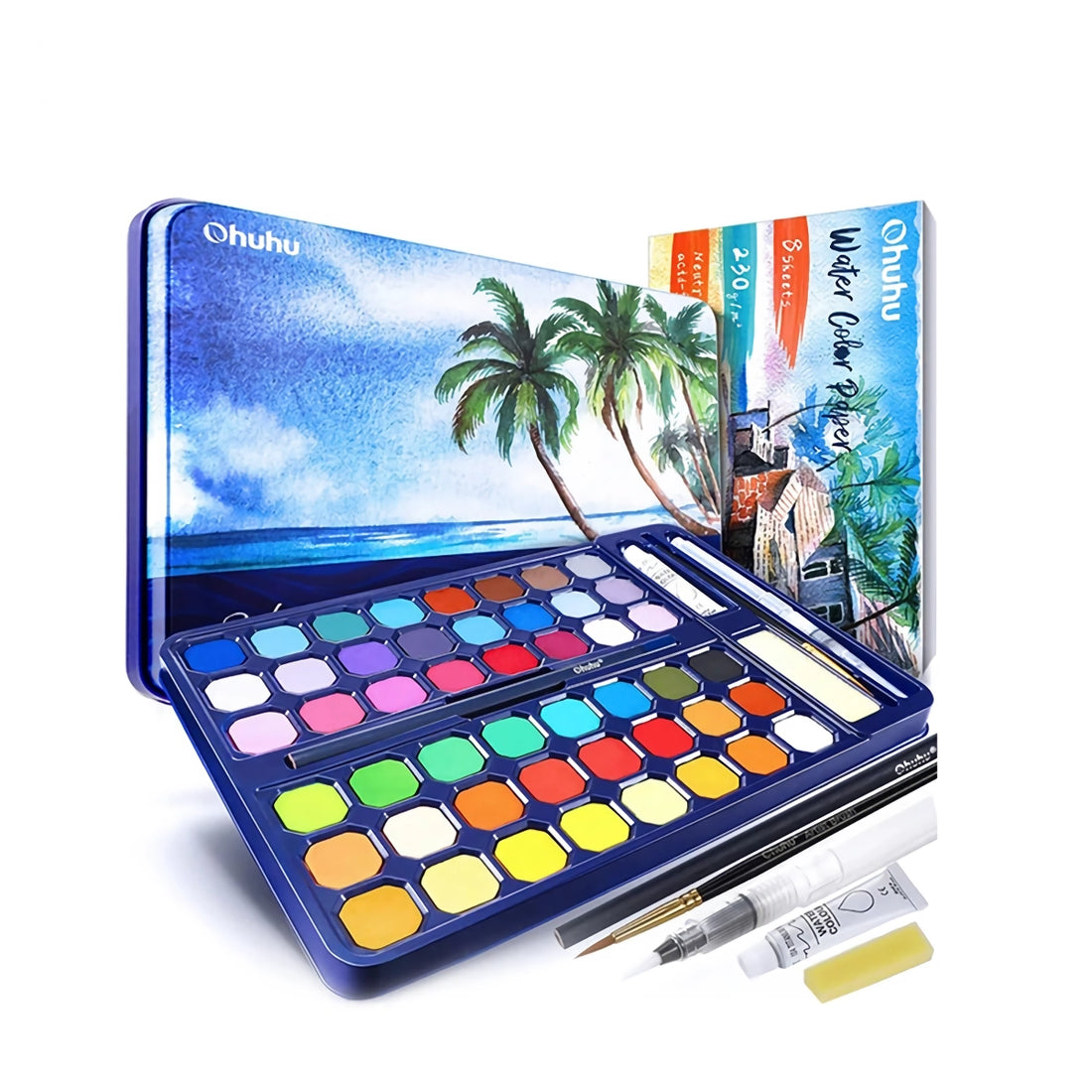 48 Color Solid Watercolor Paint Set - Portable Brush Pens for Artists