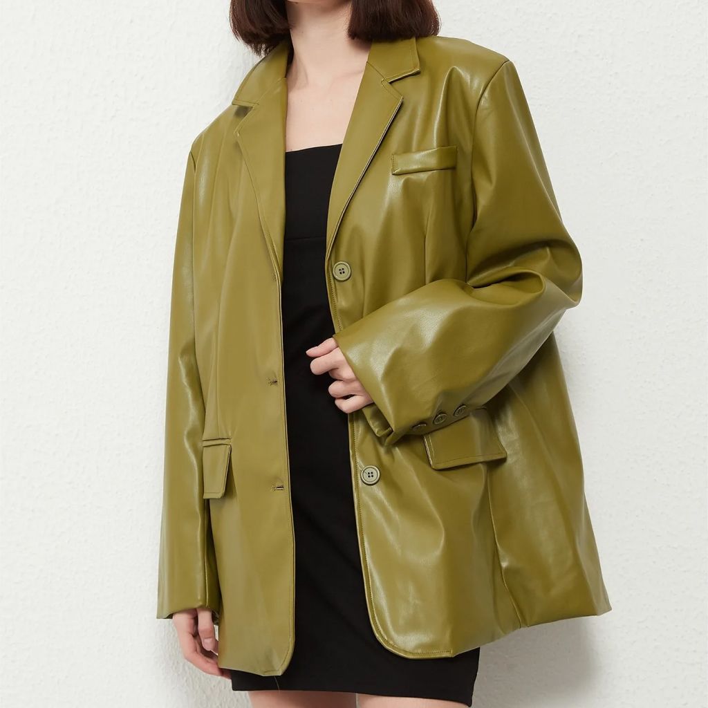PU Leather-Style Single-Breasted Blazer