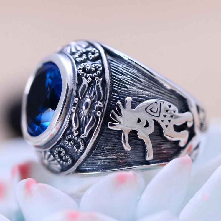 925 Silver Domineering Personalized Totem Synthesis Blue Crystal Men's Rings - Trendha