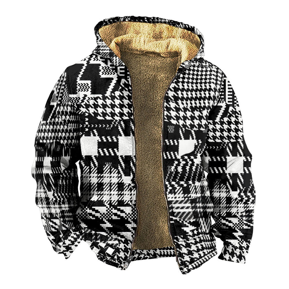 Fleece-Lined Patterned Hooded Zip Jacket