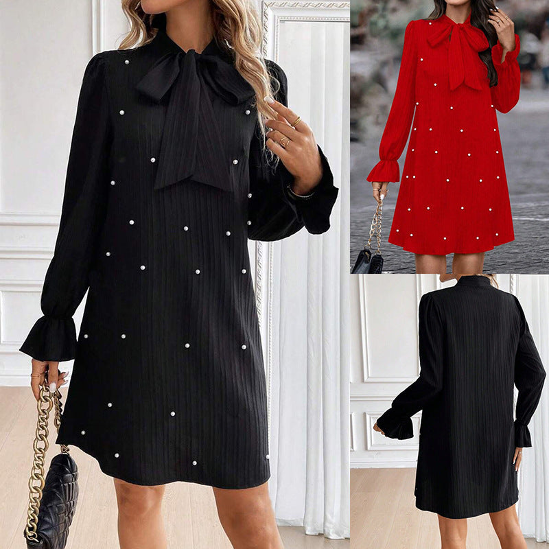 Women's Lace-up Bead Long Sleeve Solid Color Loose Dress