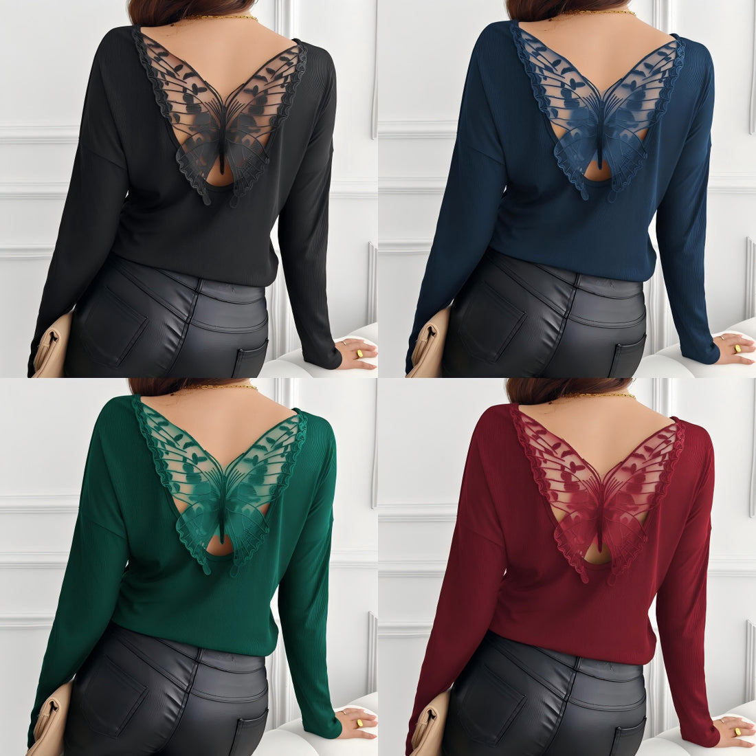 Women's Solid Color Back Stitching Pansy Rib Long-sleeved T-shirt