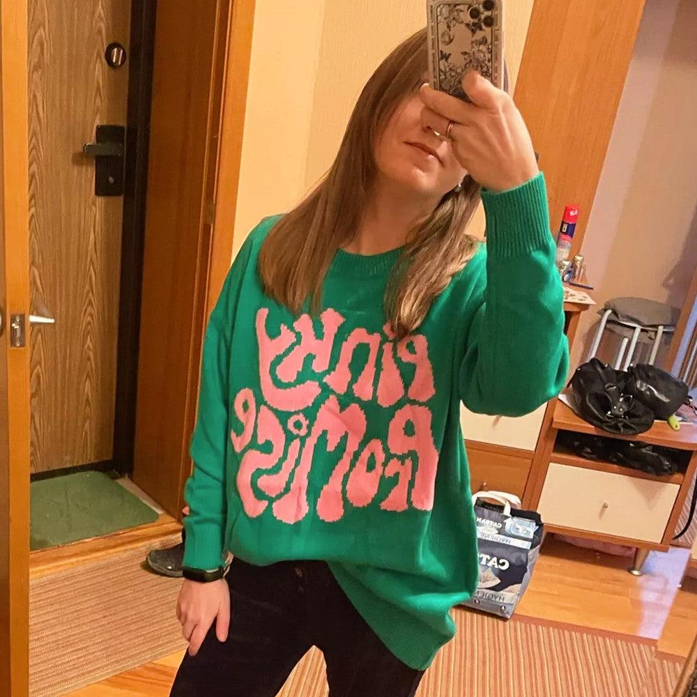 New Round Neck Long Sleeve Letter Pattern Jacquard Knitted Sweater Pullover - Trendha