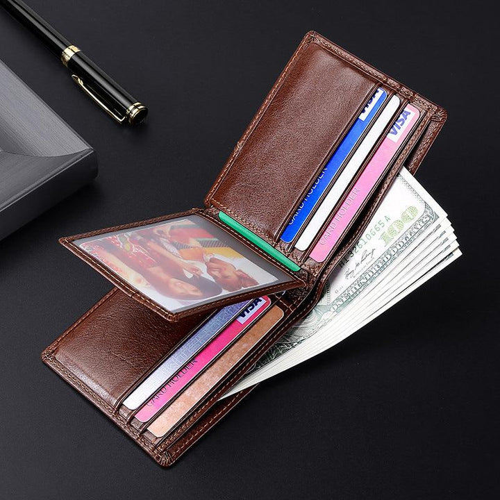 Anti-magnetic Theft Brush Retro Oil Leather Wallet Smooth Touch RFID Business Men Standard Wallet With Photo Window - Trendha