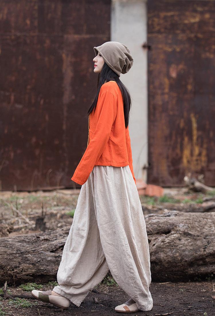 Artistic Retro Contrast Color Design Cotton And Linen New Round Neck Loose Shirt - Trendha