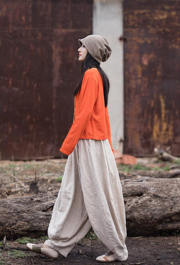 Artistic Retro Contrast Color Design Cotton And Linen New Round Neck Loose Shirt - Trendha