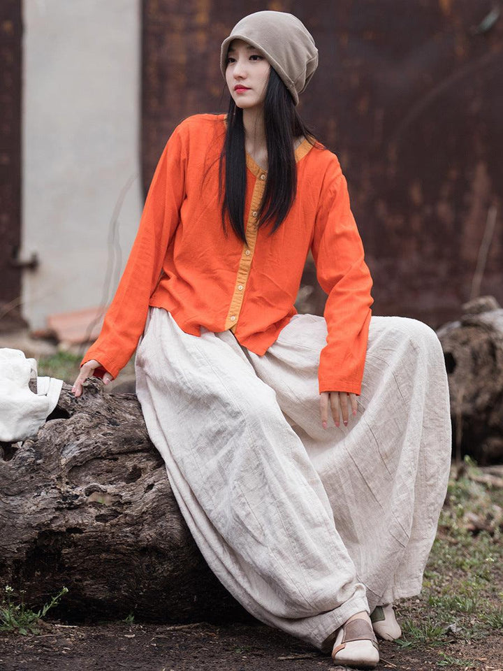 Artistic Retro Contrast Color Design Cotton And Linen New Round Neck Loose Shirt - Trendha