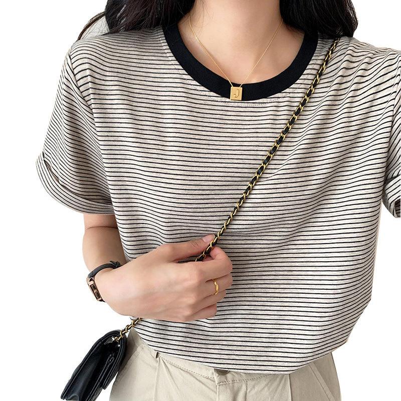 Autumn And Winter Brown Pullover Base Short Sleeve Turtleneck Round Neck Temperament Commute Striped Loose Cotton Base Shirt - Trendha