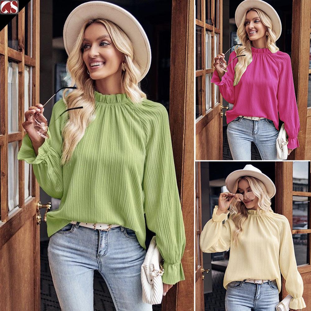 Autumn Women's Ruffled Collar Long Sleeve Jacquard Loose-fitting Top - Trendha