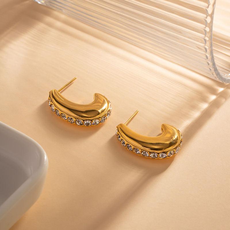 Gold-Plated Crescent Hoop Earrings with Zircon