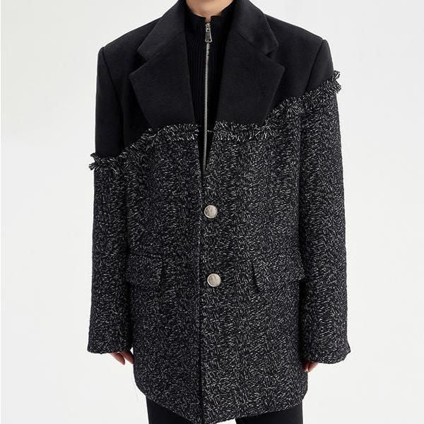 Black Cotton-Blend Tweed-Style Coat