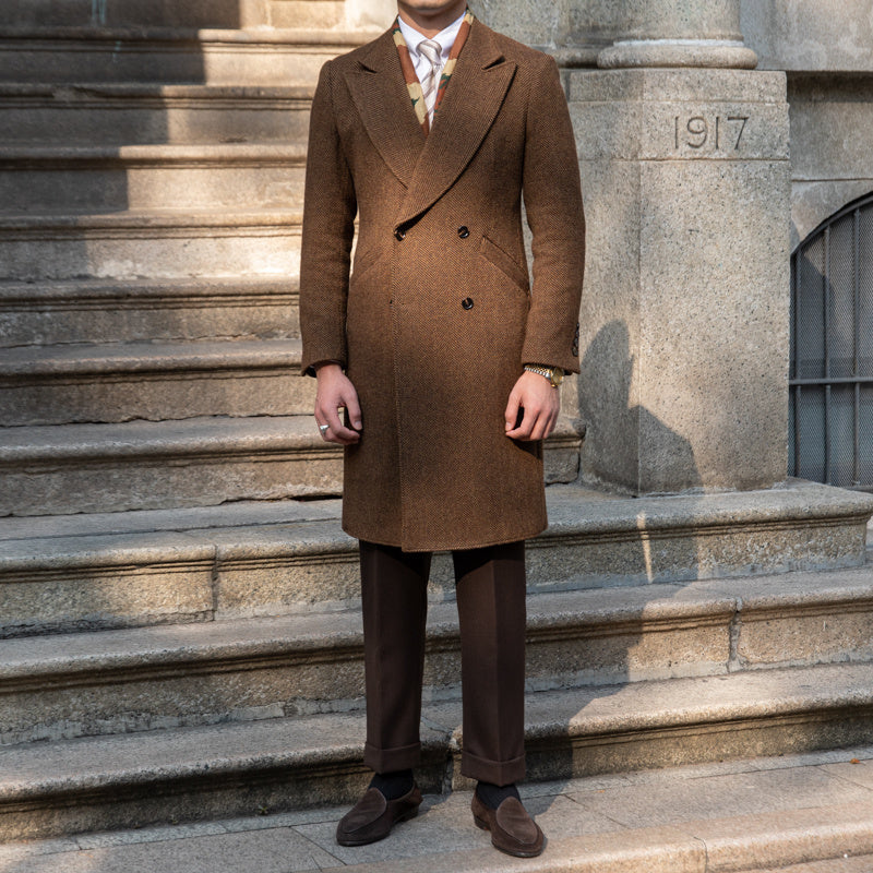 Men's Brown Double-Breasted Wool-Blend Coat