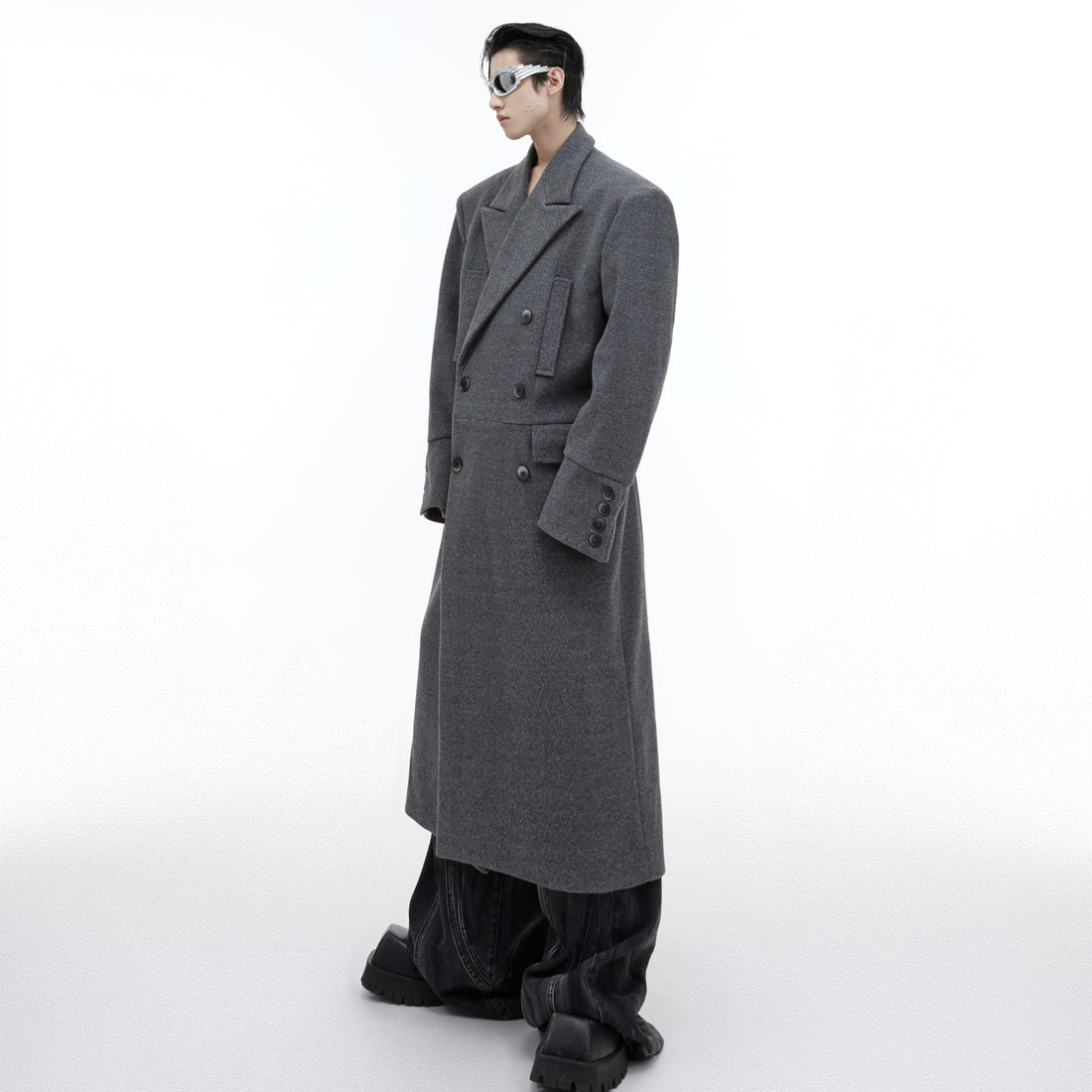 Structured Shoulder Double-Breasted Long Polyester Coat