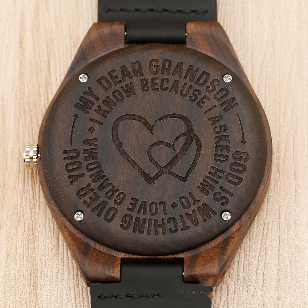Brown Dial Wood Case Back Lettering Watch - Trendha