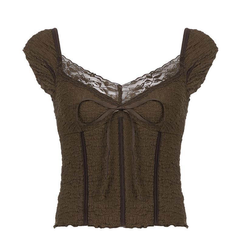 Brown Vintage Bow Fashion Top - Trendha