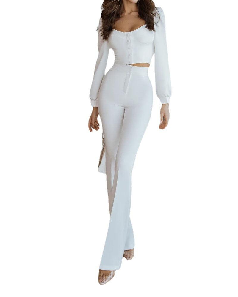 Casual Palace Style Bishop Sleeves Top Bell-bottom Pants Suit - Trendha