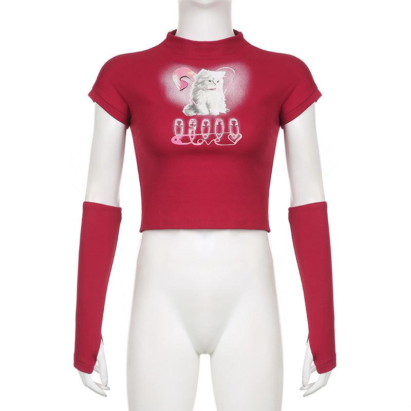 Cat Printing Cropped T-shirt Street Style - Trendha