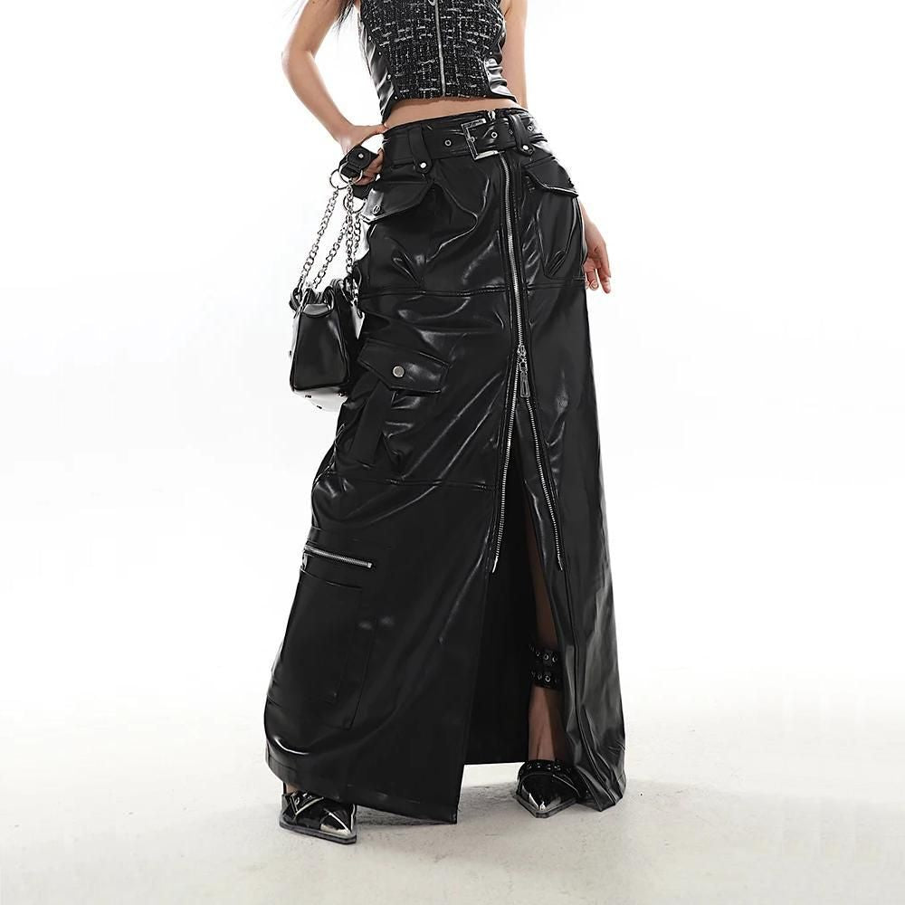 Faux-Leather Long Skirt with Pockets and Split