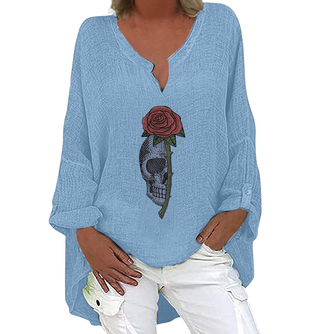 Halloween Themed Print V-neck Cotton Linen Long Sleeve Shirt For Women - Trendha