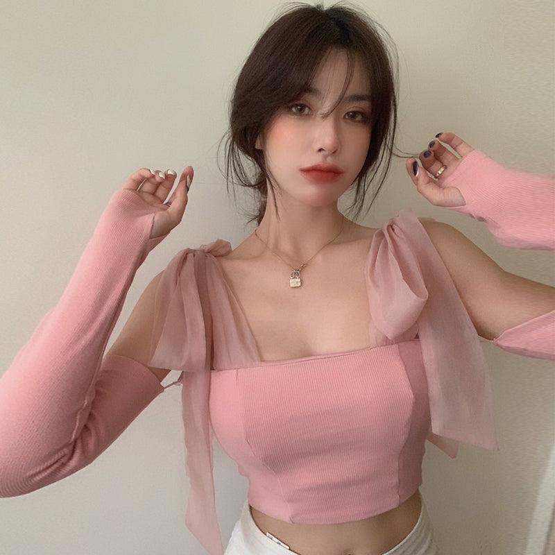 Chest Wrap Strap Bow Knit Tank Top - Trendha