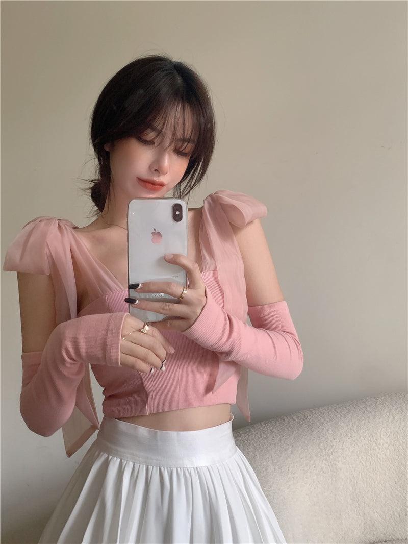 Chest Wrap Strap Bow Knit Tank Top - Trendha