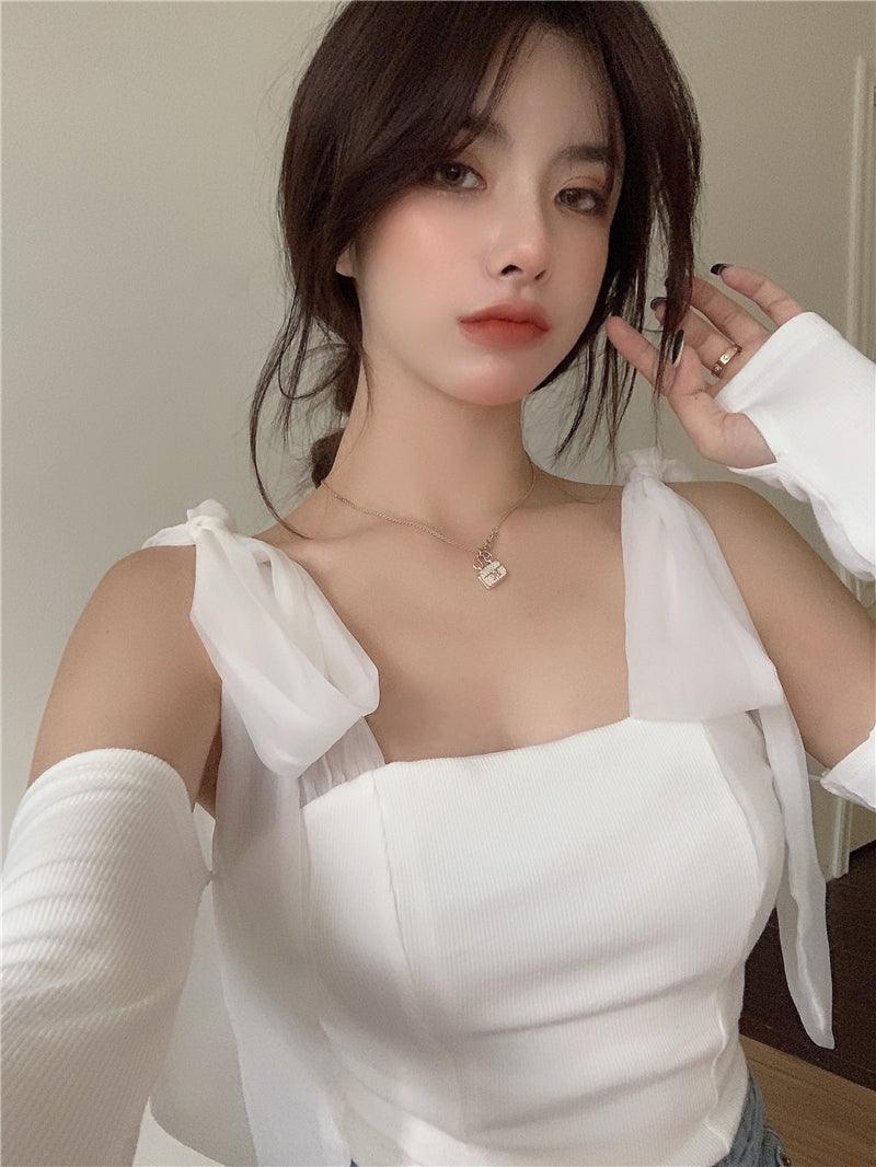 Chest Wrap Strap Bow Knit Tank Top - Trendha