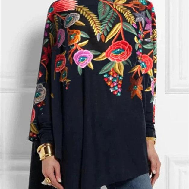 Loose High-Neck Floral-Print Cotton Top
