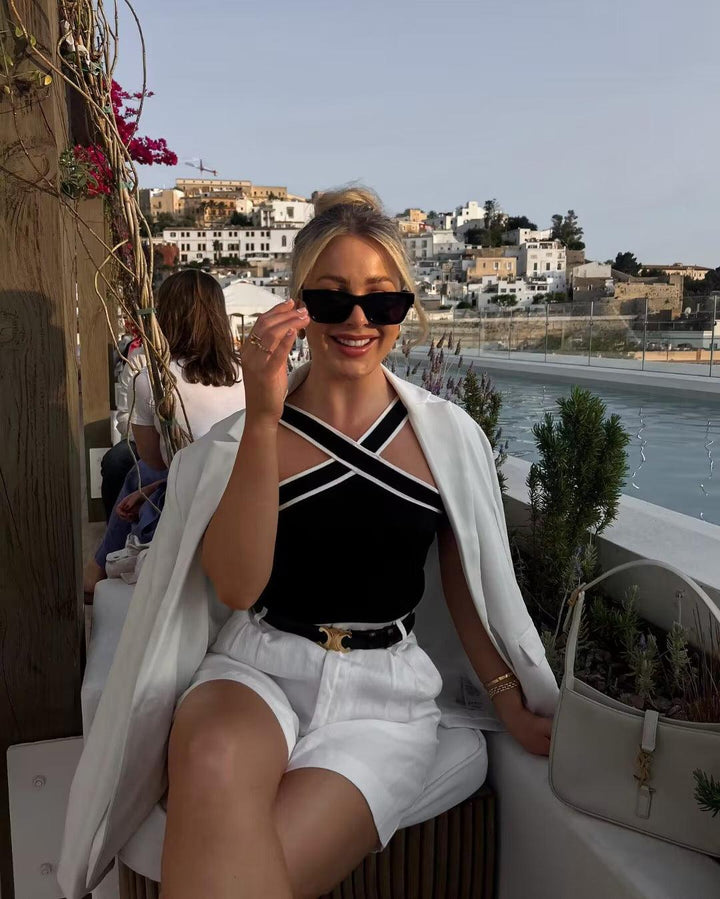 Contrast Color Cross V-neck Sling Top - Trendha