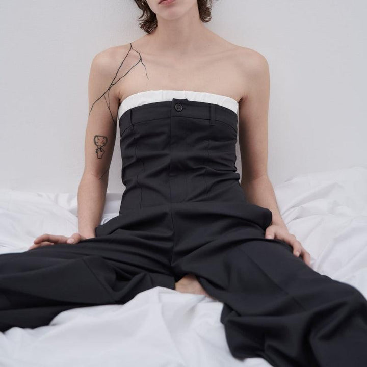 Contrast Color Off-neck Tube Top Jumpsuit Stitching Wide Leg - Trendha