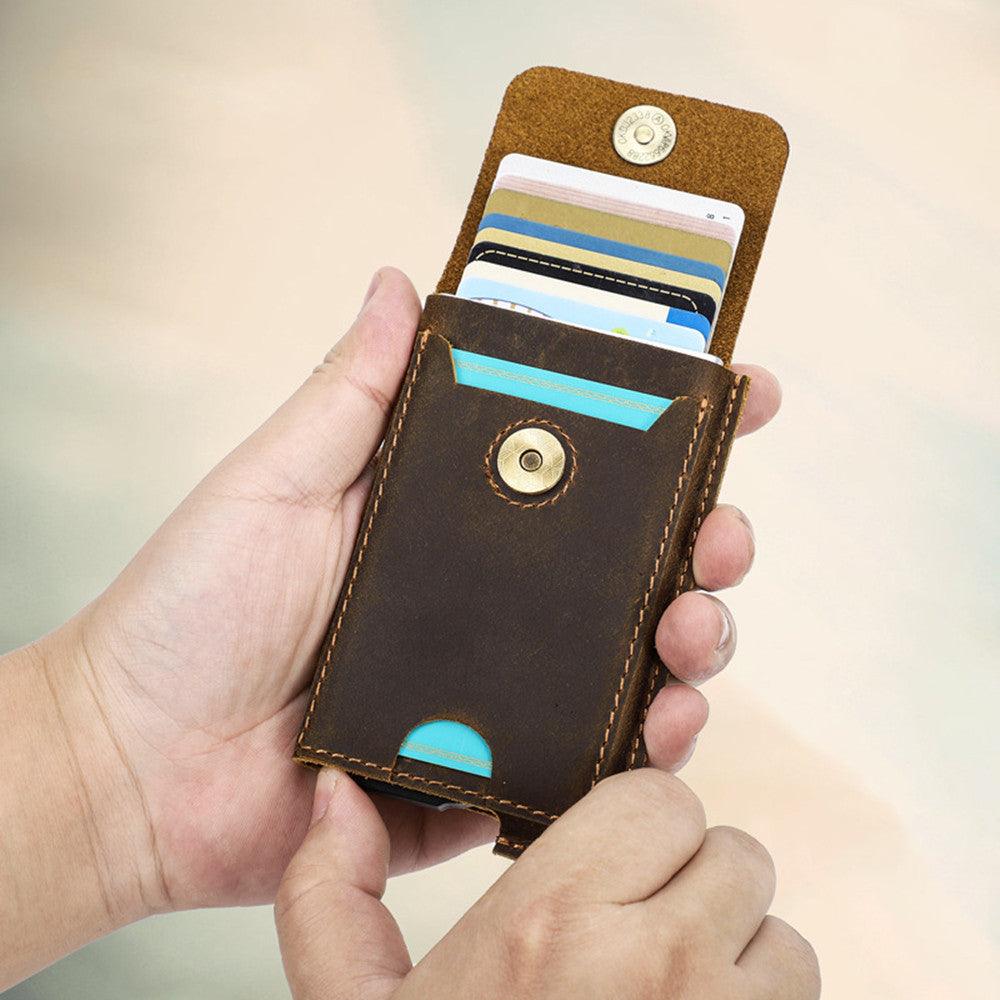 Crazy Horse Cowhide RFID Anti-theft Swipe Automatic Card Box - Trendha