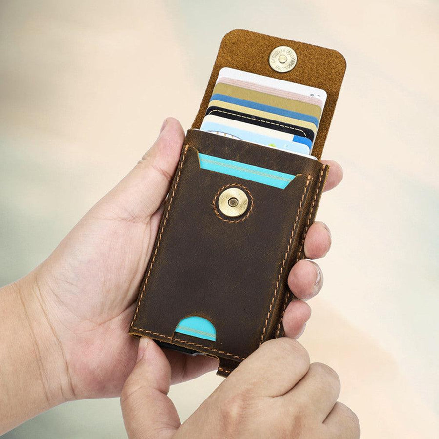 Crazy Horse Cowhide RFID Anti-theft Swipe Automatic Card Box - Trendha